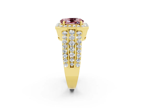 Yellow gold Oval Cut Halo Morganite Ring with Round  Split Shank and Prong Setting