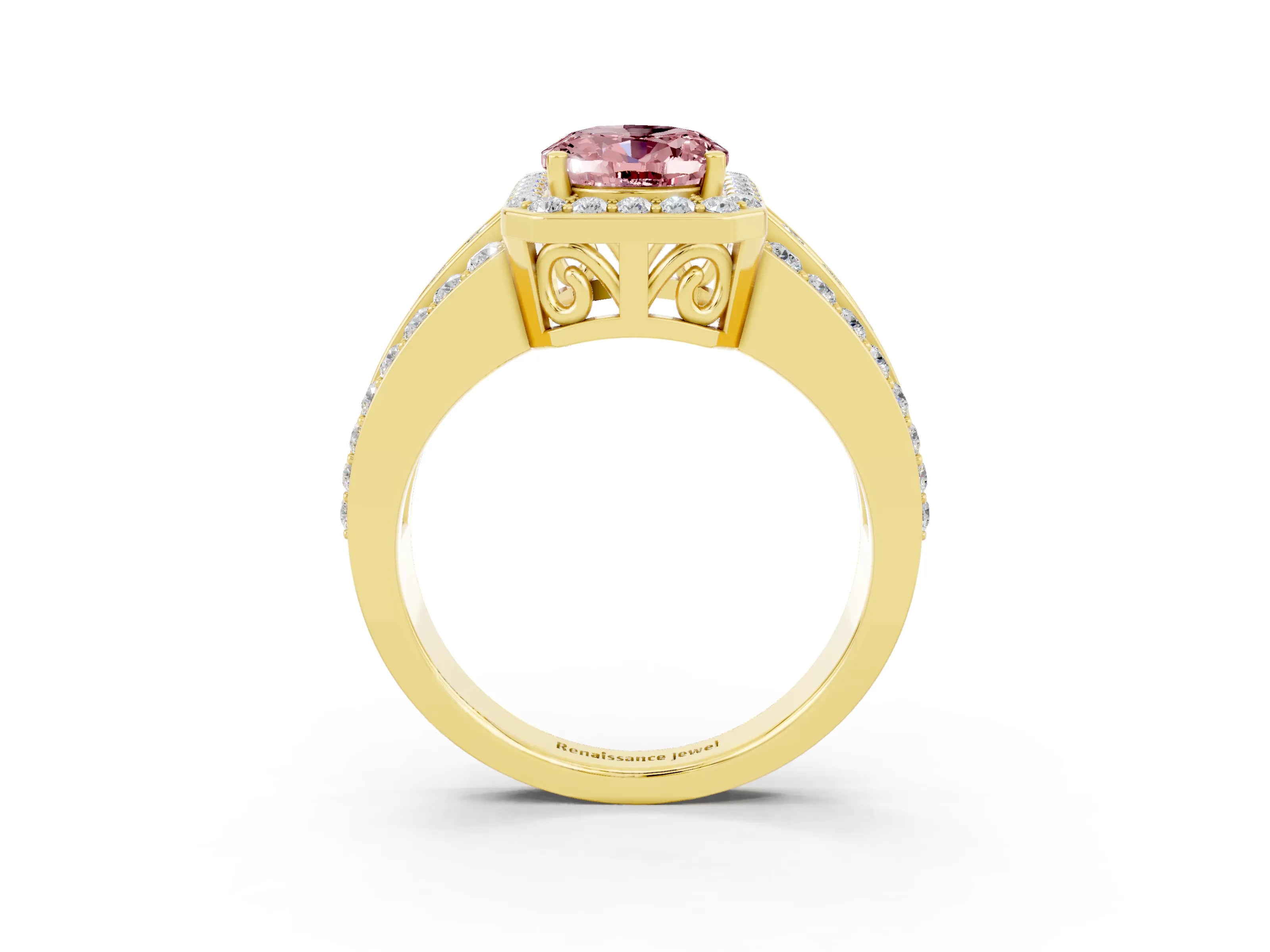 Yellow gold Oval Cut Halo Morganite Ring with Split Shank and Four-Prong Setting_3