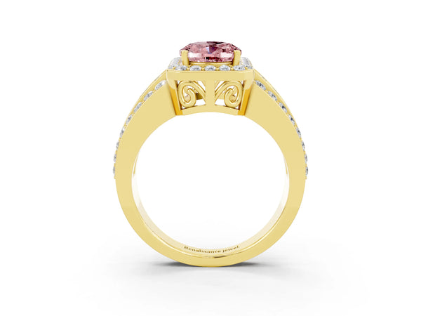 Yellow gold Oval Cut Halo Morganite Ring with Round  Split Shank and Prong Setting