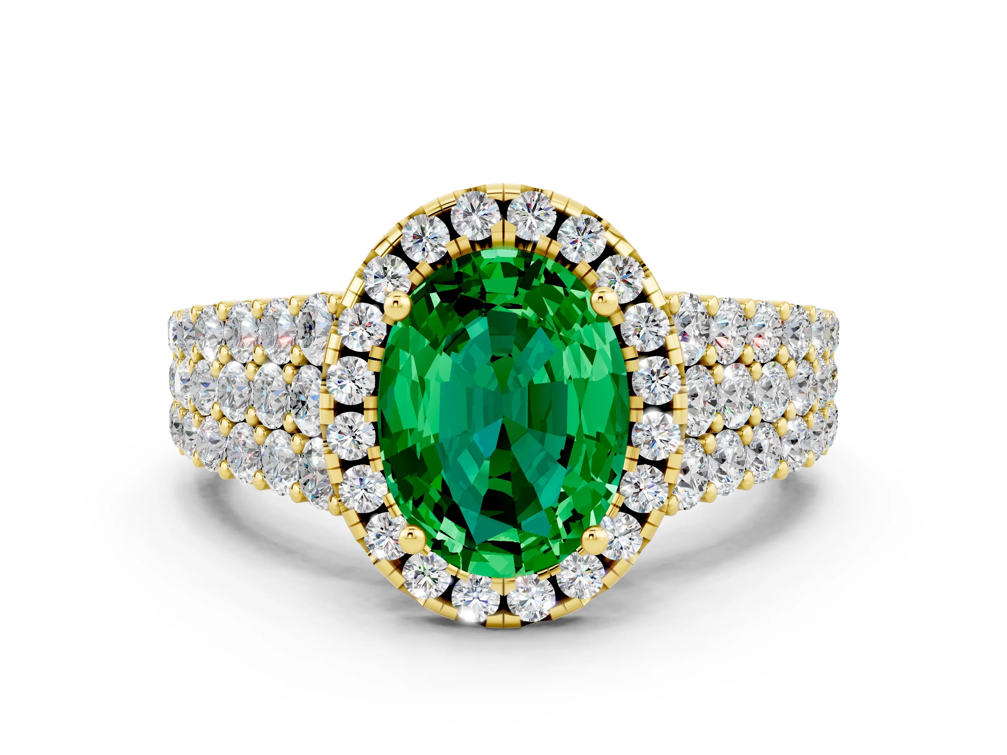 Yellow gold Oval Cut Halo Pavé Diamond Engagement Ring with Split Shank and Four-Prong Setting