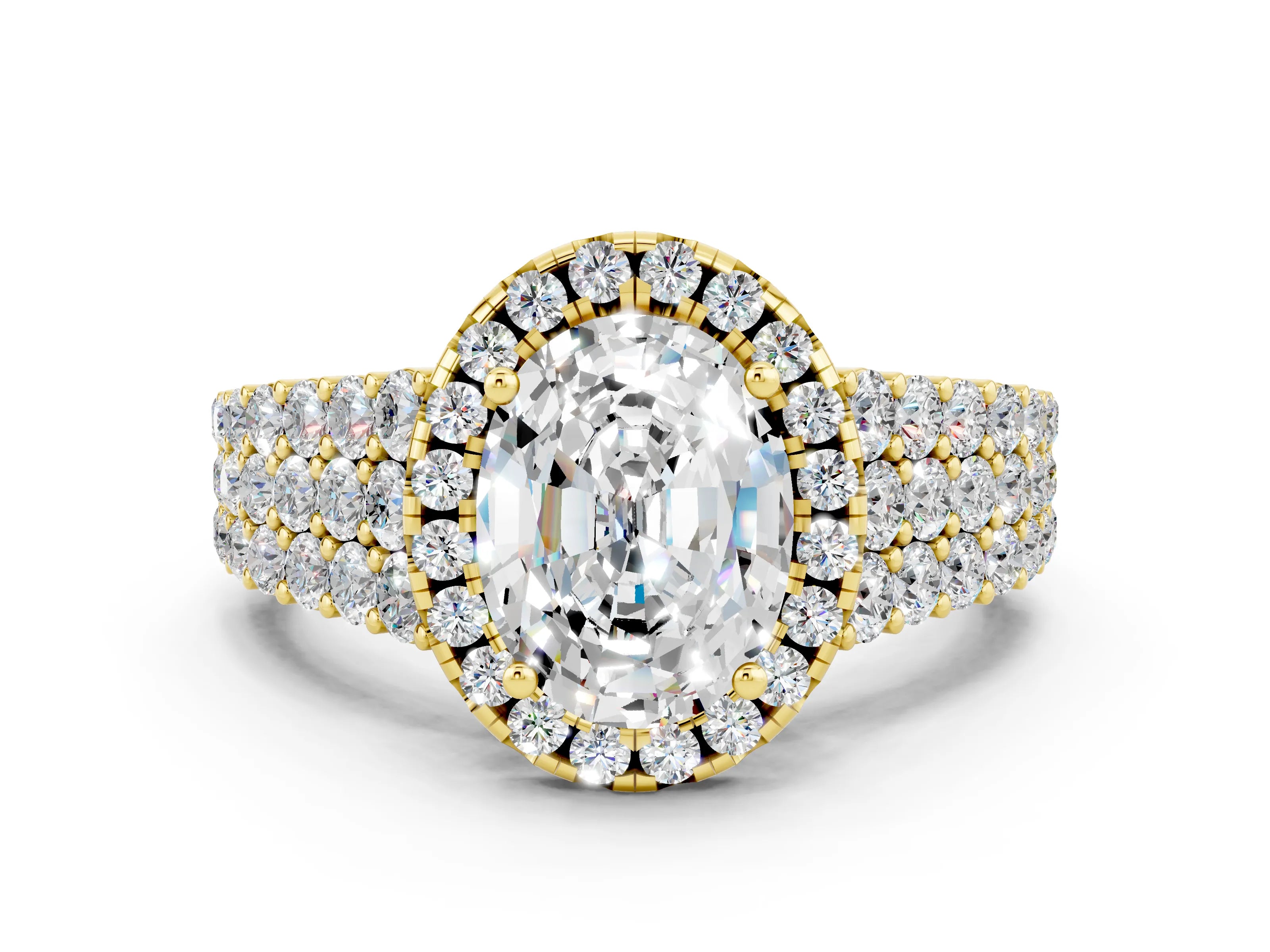 Yellow gold Oval Cut Halo Pavé Diamond Engagement Ring with Split Shank and Four-Prong Setting