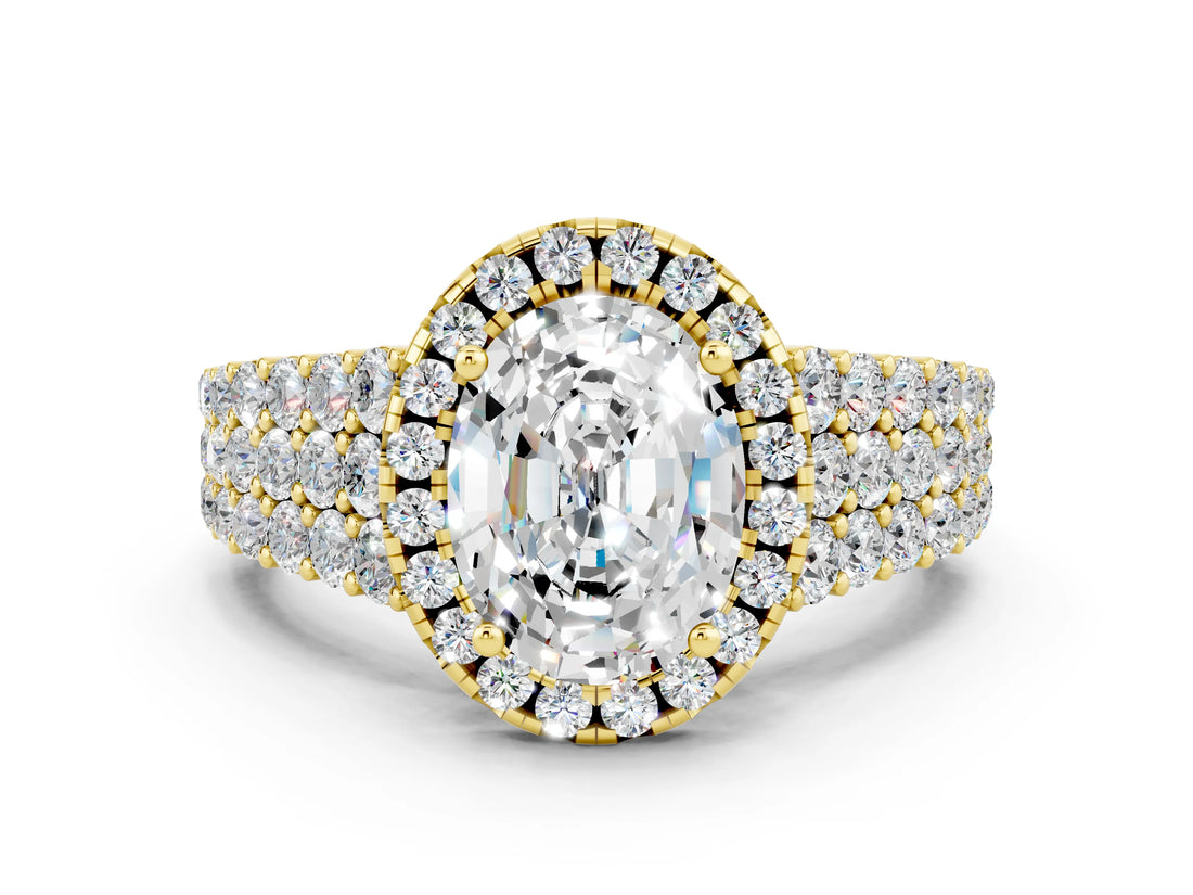 Yellow gold Oval Cut Halo Pavé Diamond Engagement Ring with Split Shank and Four-Prong Setting