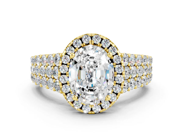 Yellow gold Oval Cut Moissanite Halo Engagement Ring with Triple Row Round Pavé Band and Prong Setting