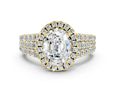 Yellow gold Oval Cut Halo Pavé Diamond Engagement Ring with Split Shank and Four-Prong Setting