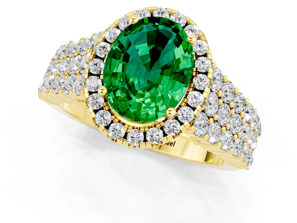 Yellow gold Oval Cut Emerald Halo Engagement Ring with Triple Row Round Pavé Band and Prong Setting