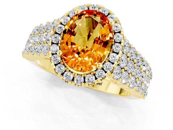 Yellow gold Oval Cut Citrine Halo Engagement Ring with Triple Row Round Pavé Band and Prong Setting