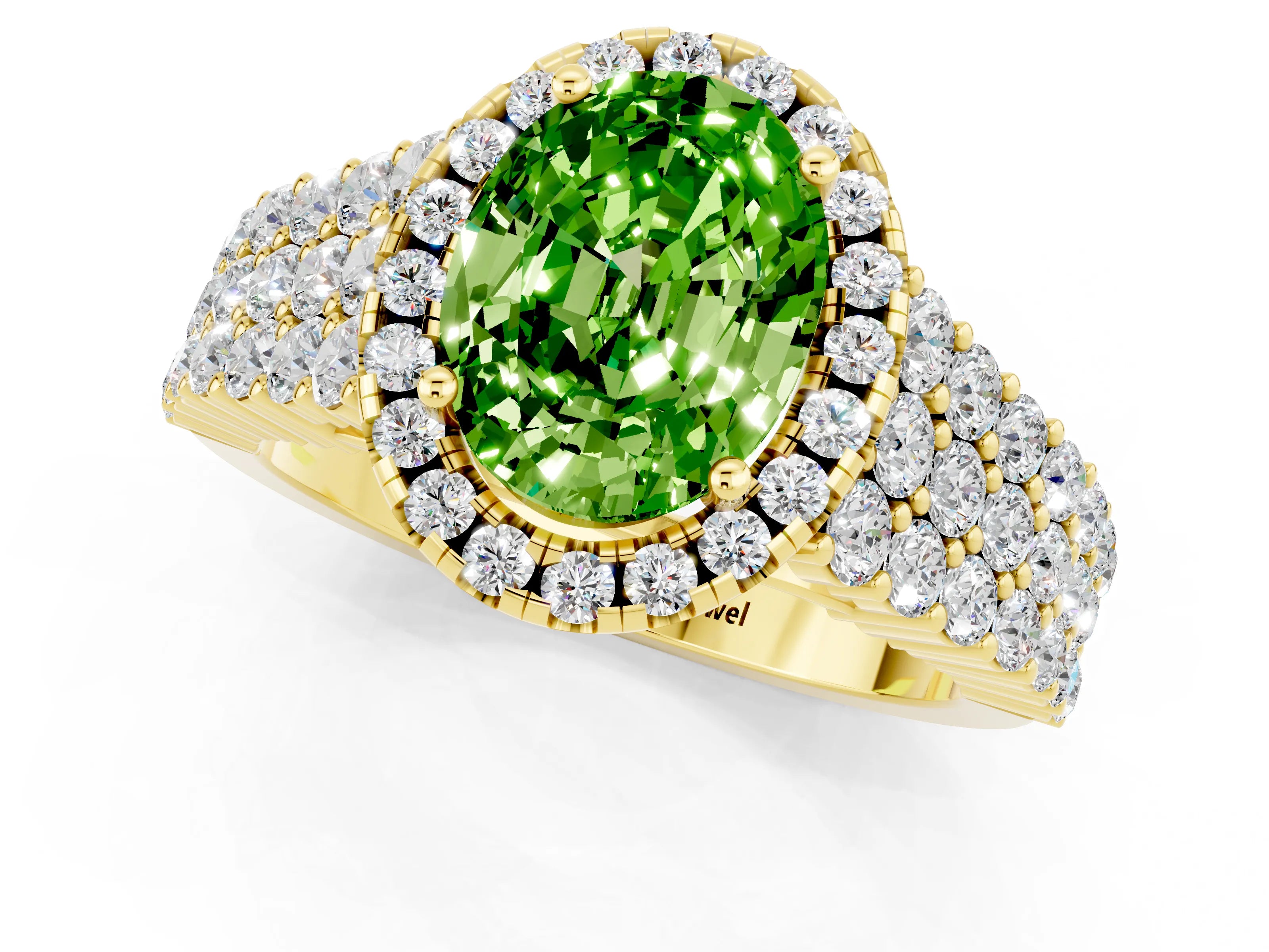 Yellow gold Oval Cut Halo Pavé Diamond Engagement Ring with Split Shank and Four-Prong Setting_1