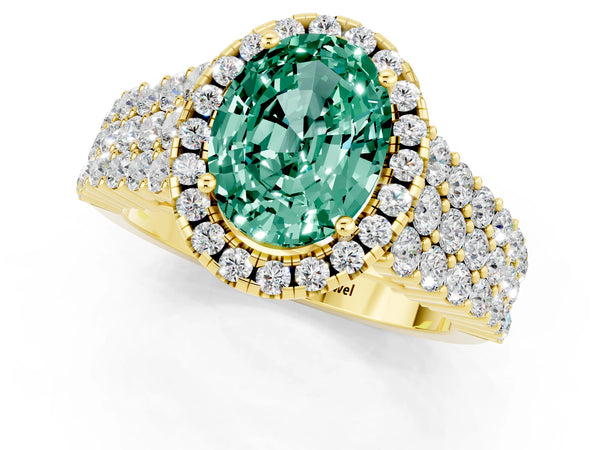Yellow gold Oval Cut Green Sapphire Halo Engagement Ring with Triple Row Round Pavé Band and Prong Setting