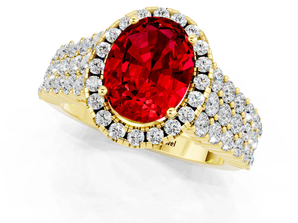 Yellow gold Oval Cut Halo Pavé Diamond Engagement Ring with Split Shank and Four-Prong Setting