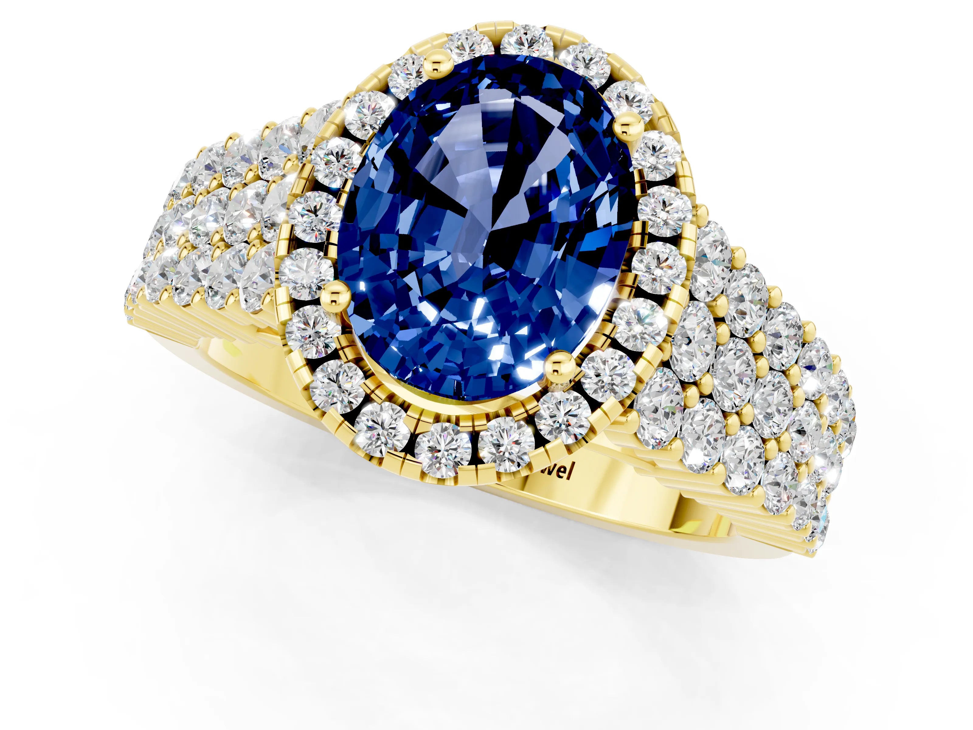 Yellow gold Oval Cut Halo Pavé Diamond Engagement Ring with Split Shank and Four-Prong Setting_1