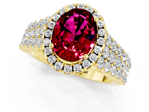 Yellow gold Oval Cut Garnet Halo Engagement Ring with Triple Row Round Pavé Band and Prong Setting