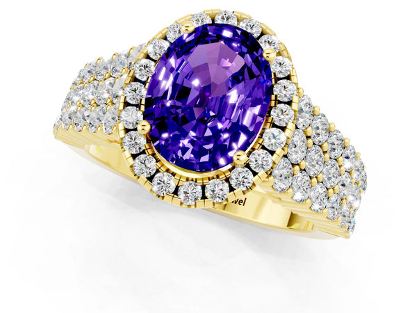 Yellow gold Oval Cut Tanzanite Halo Engagement Ring with Triple Row Round Pavé Band and Prong Setting