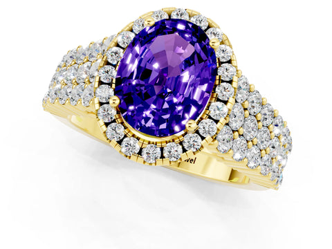Yellow gold Oval Cut Halo Pavé Diamond Engagement Ring with Split Shank and Four-Prong Setting_1