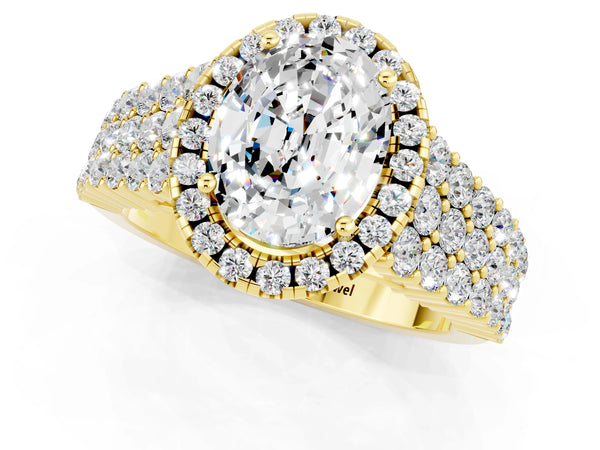 Yellow gold Oval Cut Moissanite Halo Engagement Ring with Triple Row Round Pavé Band and Prong Setting