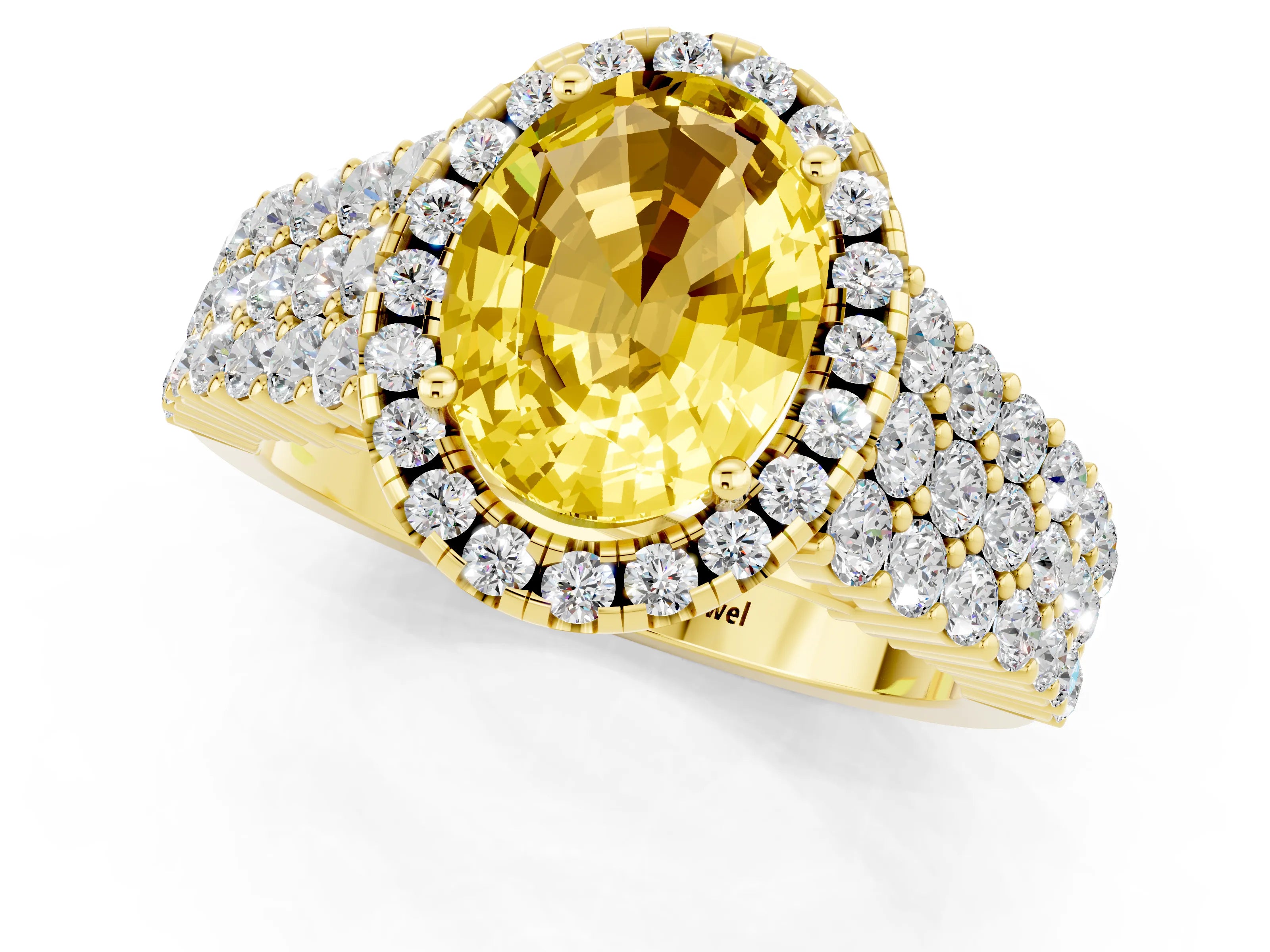 Yellow gold Oval Cut Halo Pavé Diamond Engagement Ring with Split Shank and Four-Prong Setting_1