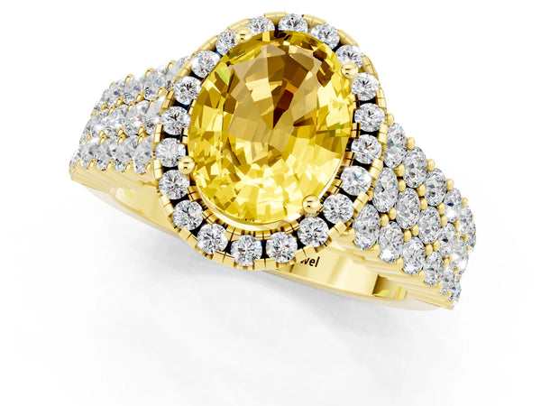 Yellow gold Oval Cut Yellow Sapphire Halo Engagement Ring with Triple Row Round Pavé Band and Prong Setting