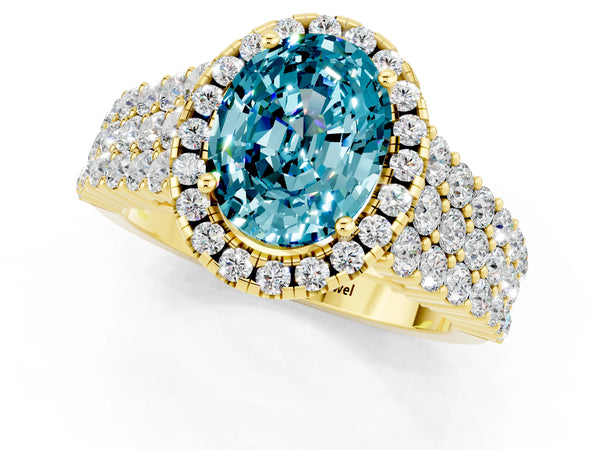Yellow gold Oval Cut Halo Pavé Diamond Engagement Ring with Split Shank and Four-Prong Setting