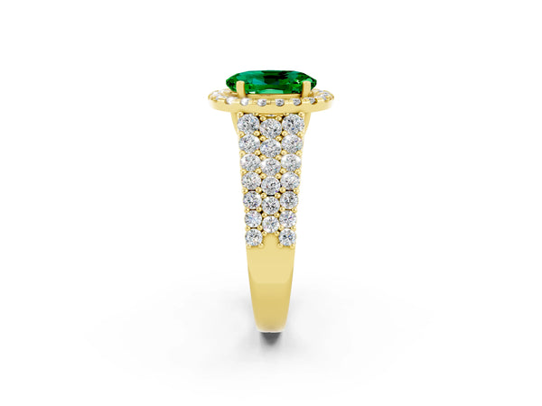 Yellow gold Oval Cut Emerald Halo Engagement Ring with Triple Row Round Pavé Band and Prong Setting