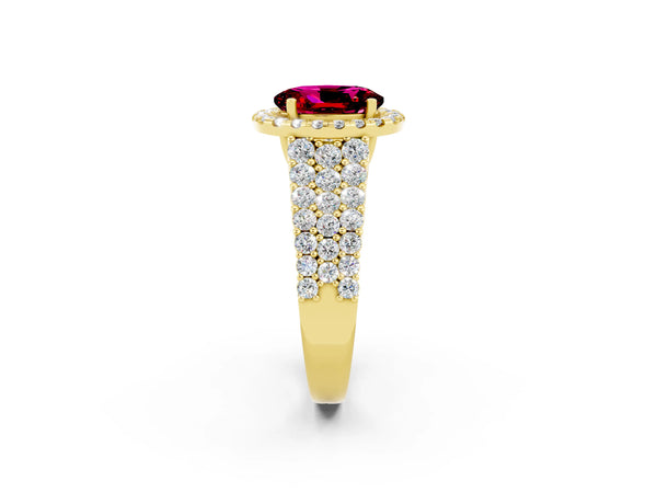 Yellow gold Oval Cut Garnet Halo Engagement Ring with Triple Row Round Pavé Band and Prong Setting