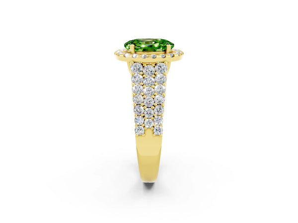 Yellow gold Oval Cut Halo Pavé Diamond Engagement Ring with Split Shank and Four-Prong Setting