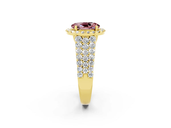 Yellow gold Oval Cut Halo Pavé Diamond Engagement Ring with Split Shank and Four-Prong Setting