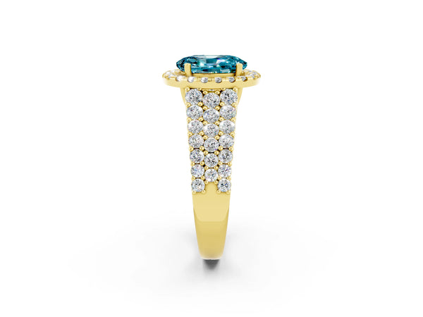 Yellow gold Oval Cut Halo Pavé Diamond Engagement Ring with Split Shank and Four-Prong Setting