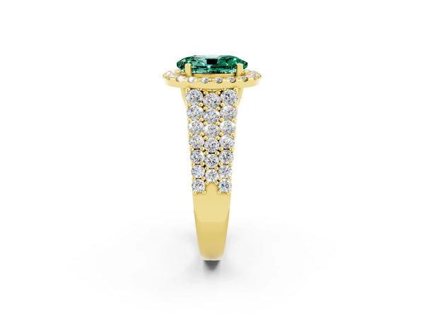 Yellow gold Oval Cut Green Sapphire Halo Engagement Ring with Triple Row Round Pavé Band and Prong Setting