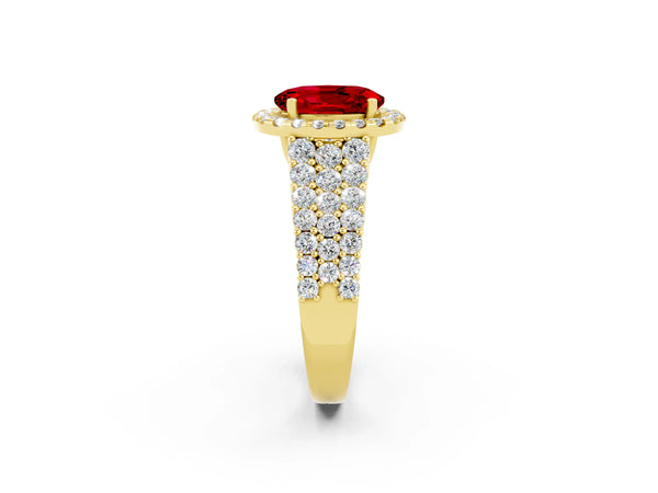 Yellow gold Oval Cut Halo Pavé Diamond Engagement Ring with Split Shank and Four-Prong Setting