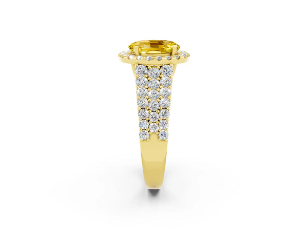 Yellow gold Oval Cut Yellow Sapphire Halo Engagement Ring with Triple Row Round Pavé Band and Prong Setting