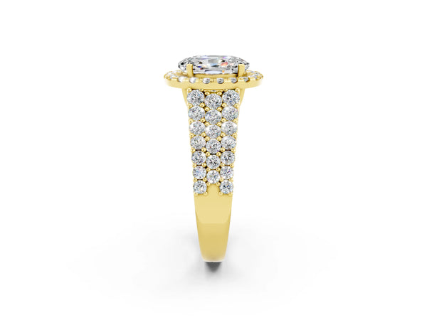 Yellow gold Oval Cut Moissanite Halo Engagement Ring with Triple Row Round Pavé Band and Prong Setting