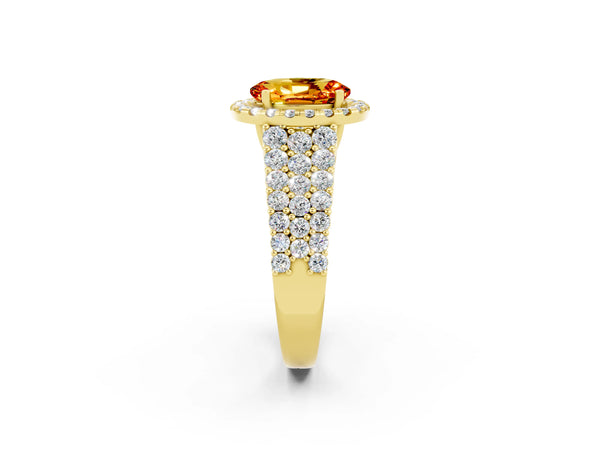Yellow gold Oval Cut Citrine Halo Engagement Ring with Triple Row Round Pavé Band and Prong Setting