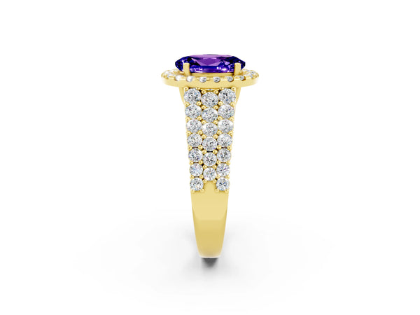 Yellow gold Oval Cut Tanzanite Halo Engagement Ring with Triple Row Round Pavé Band and Prong Setting
