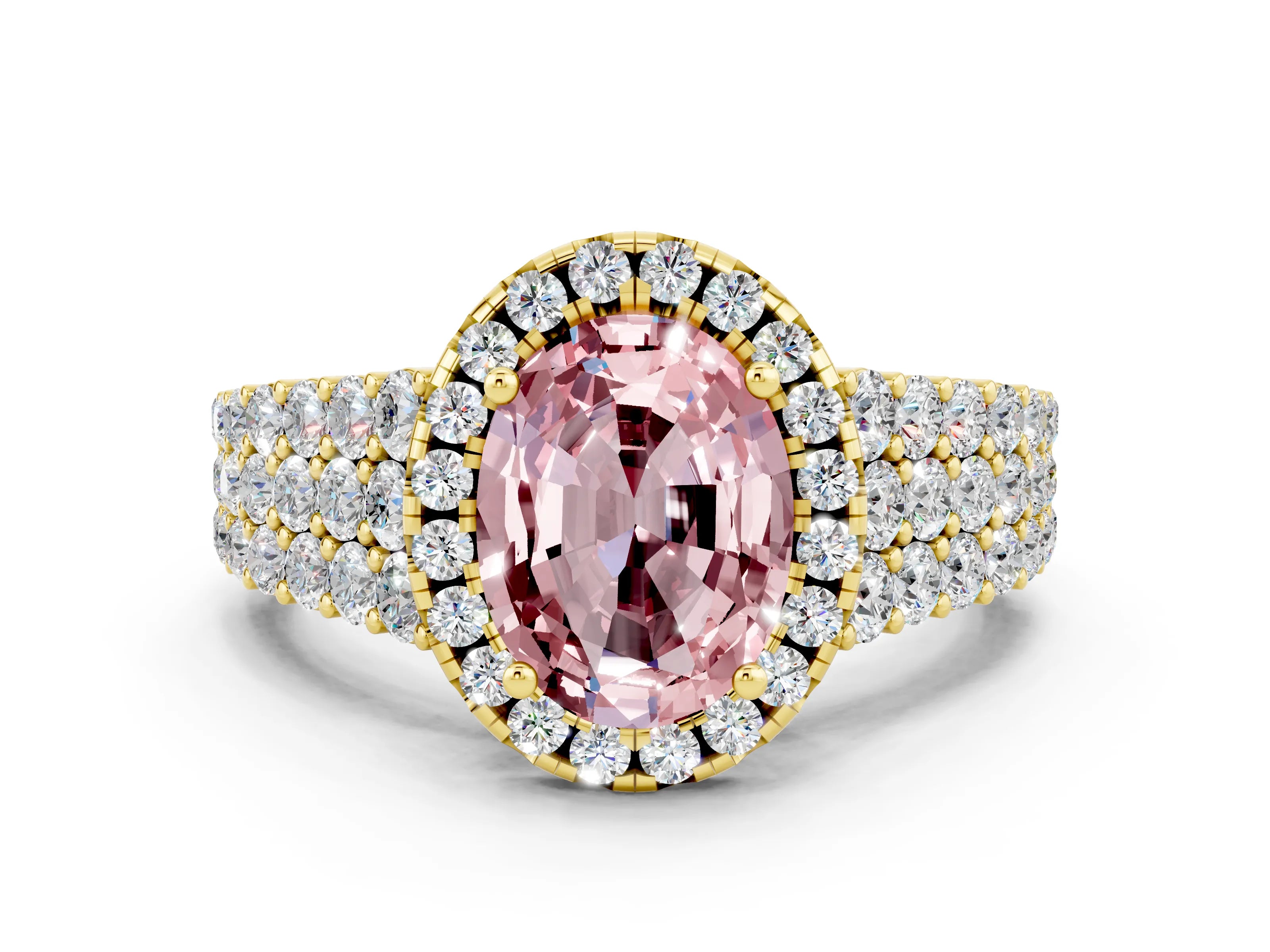 Yellow gold Oval Cut Halo Pavé Diamond Engagement Ring with Split Shank and Four-Prong Setting