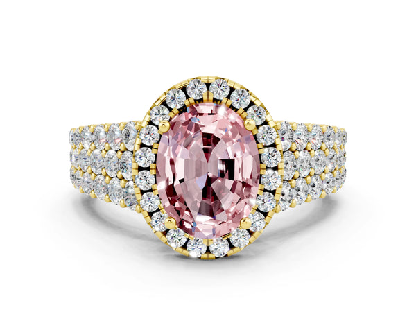 Yellow gold Oval Cut Halo Pavé Diamond Engagement Ring with Split Shank and Four-Prong Setting