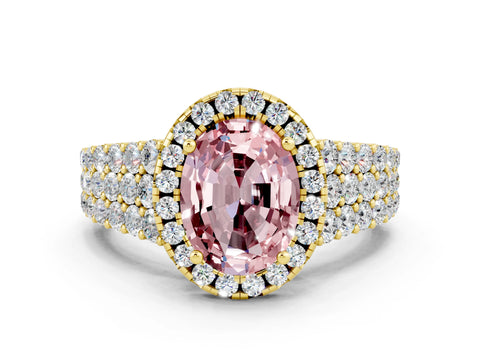Yellow gold Oval Cut Halo Pavé Diamond Engagement Ring with Split Shank and Four-Prong Setting