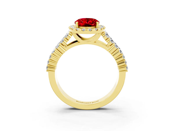 Yellow gold Oval Cut Halo Pavé Diamond Engagement Ring with Split Shank and Four-Prong Setting