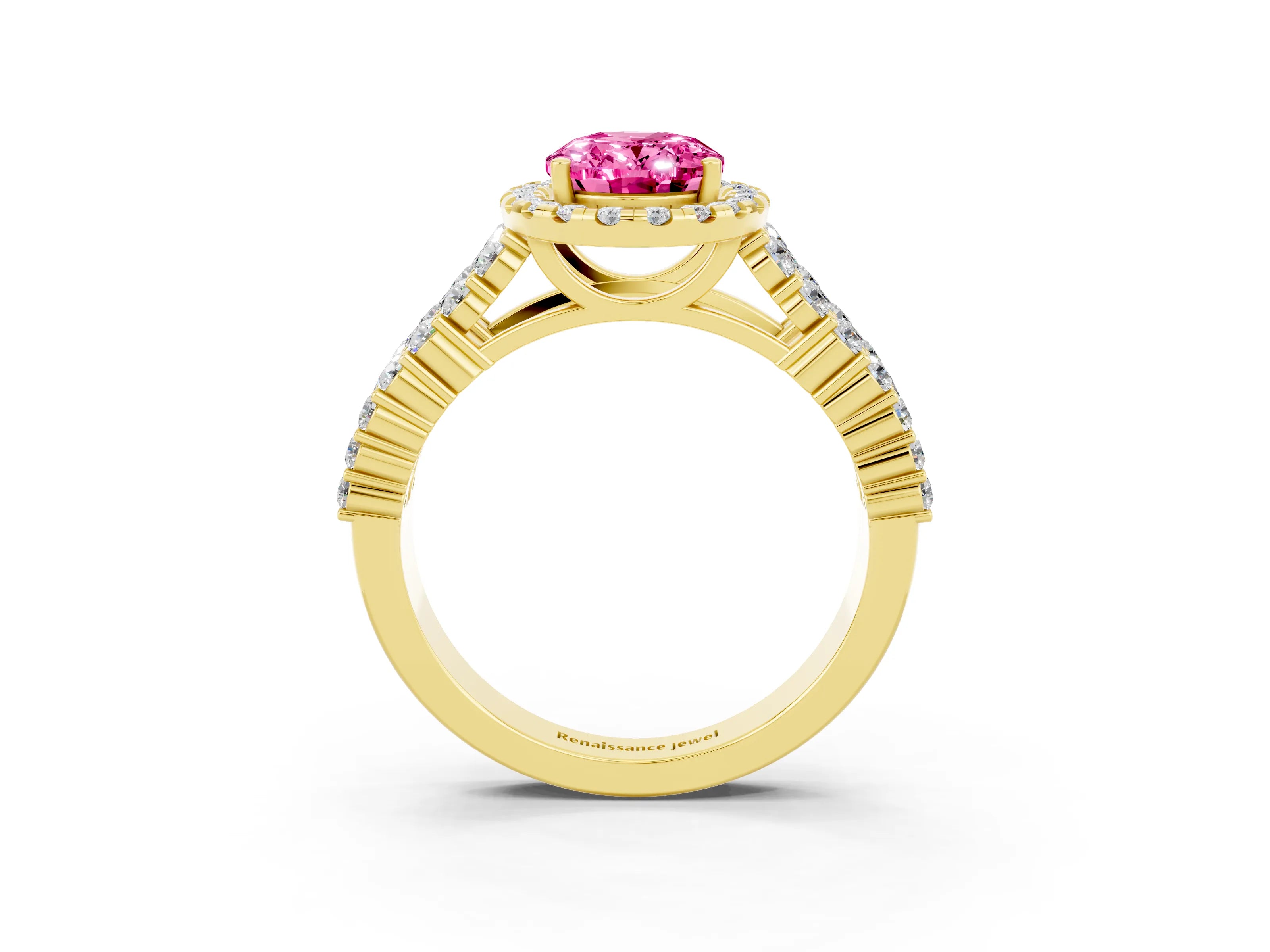Yellow gold Oval Cut Halo Pavé Diamond Engagement Ring with Split Shank and Four-Prong Setting_3