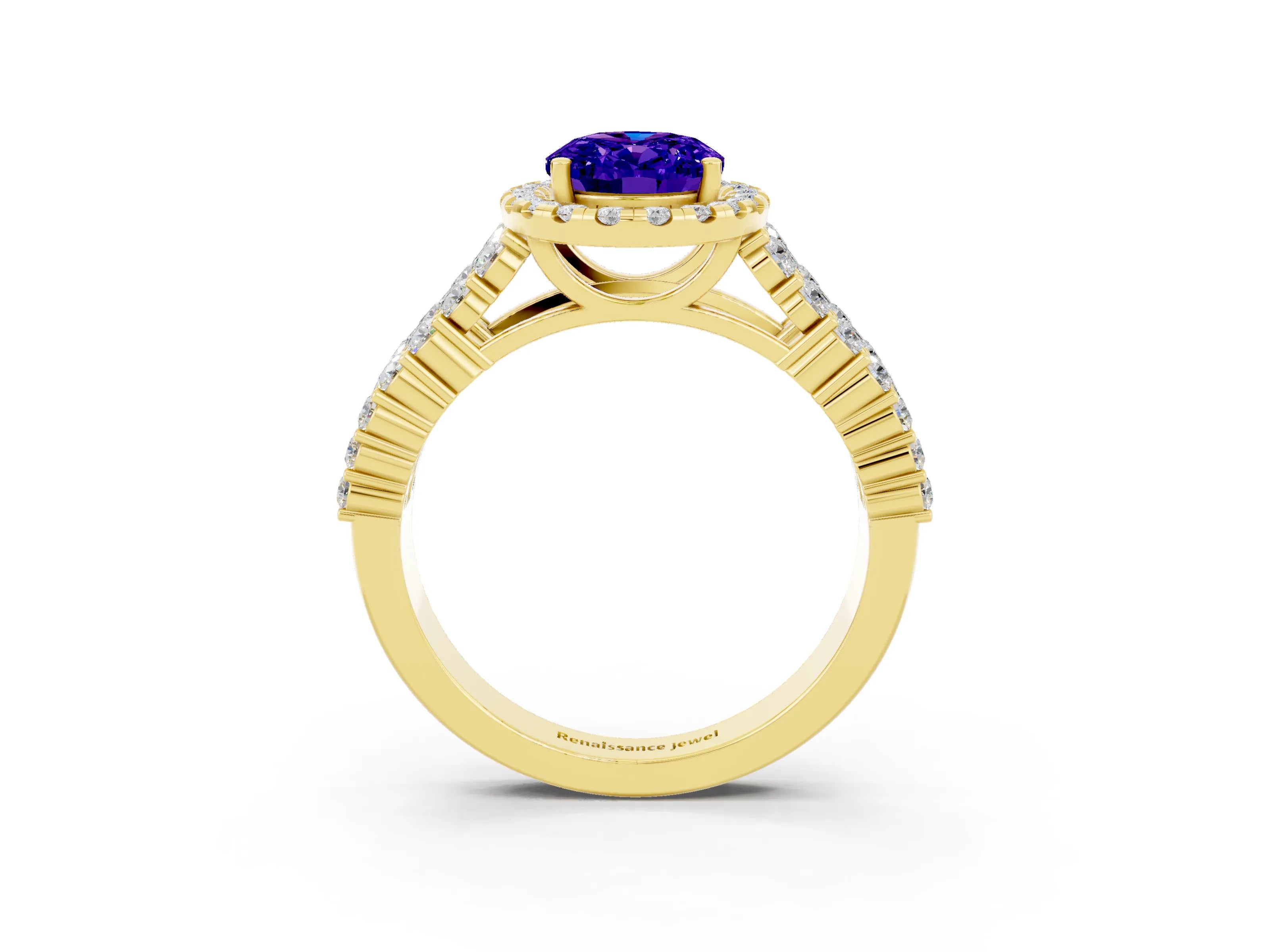 Yellow gold Oval Cut Halo Pavé Diamond Engagement Ring with Split Shank and Four-Prong Setting_3