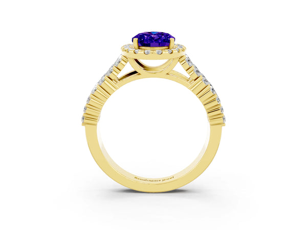 Yellow gold Oval Cut Tanzanite Halo Engagement Ring with Triple Row Round Pavé Band and Prong Setting