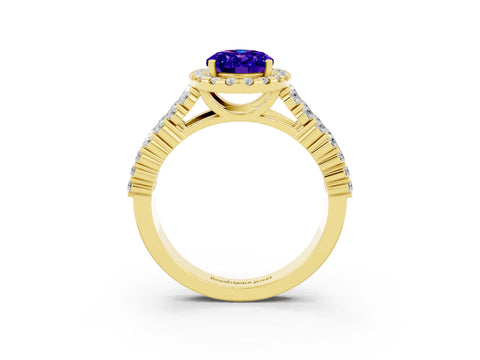 Yellow gold Oval Cut Halo Pavé Diamond Engagement Ring with Split Shank and Four-Prong Setting_3