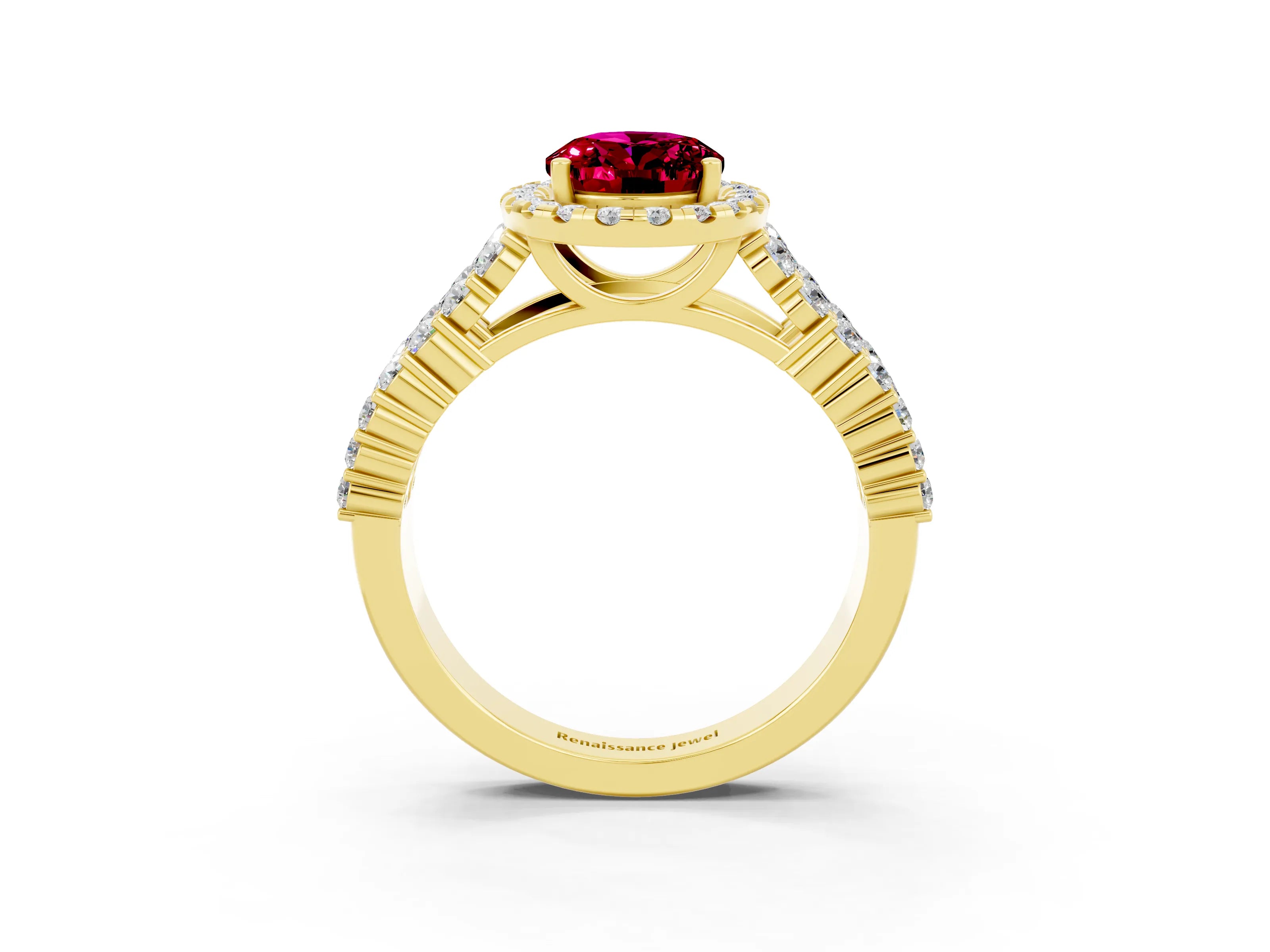 Yellow gold Oval Cut Halo Pavé Diamond Engagement Ring with Split Shank and Four-Prong Setting_3