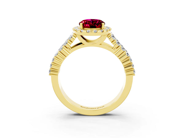 Yellow gold Oval Cut Garnet Halo Engagement Ring with Triple Row Round Pavé Band and Prong Setting