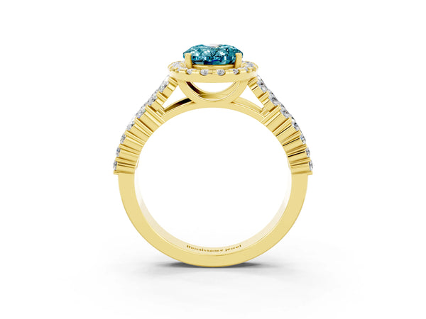 Yellow gold Oval Cut Halo Pavé Diamond Engagement Ring with Split Shank and Four-Prong Setting
