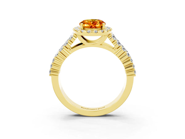 Yellow gold Oval Cut Citrine Halo Engagement Ring with Triple Row Round Pavé Band and Prong Setting