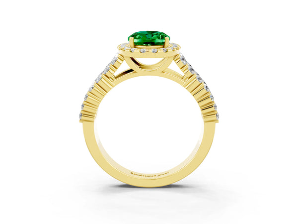 Yellow gold Oval Cut Emerald Halo Engagement Ring with Triple Row Round Pavé Band and Prong Setting