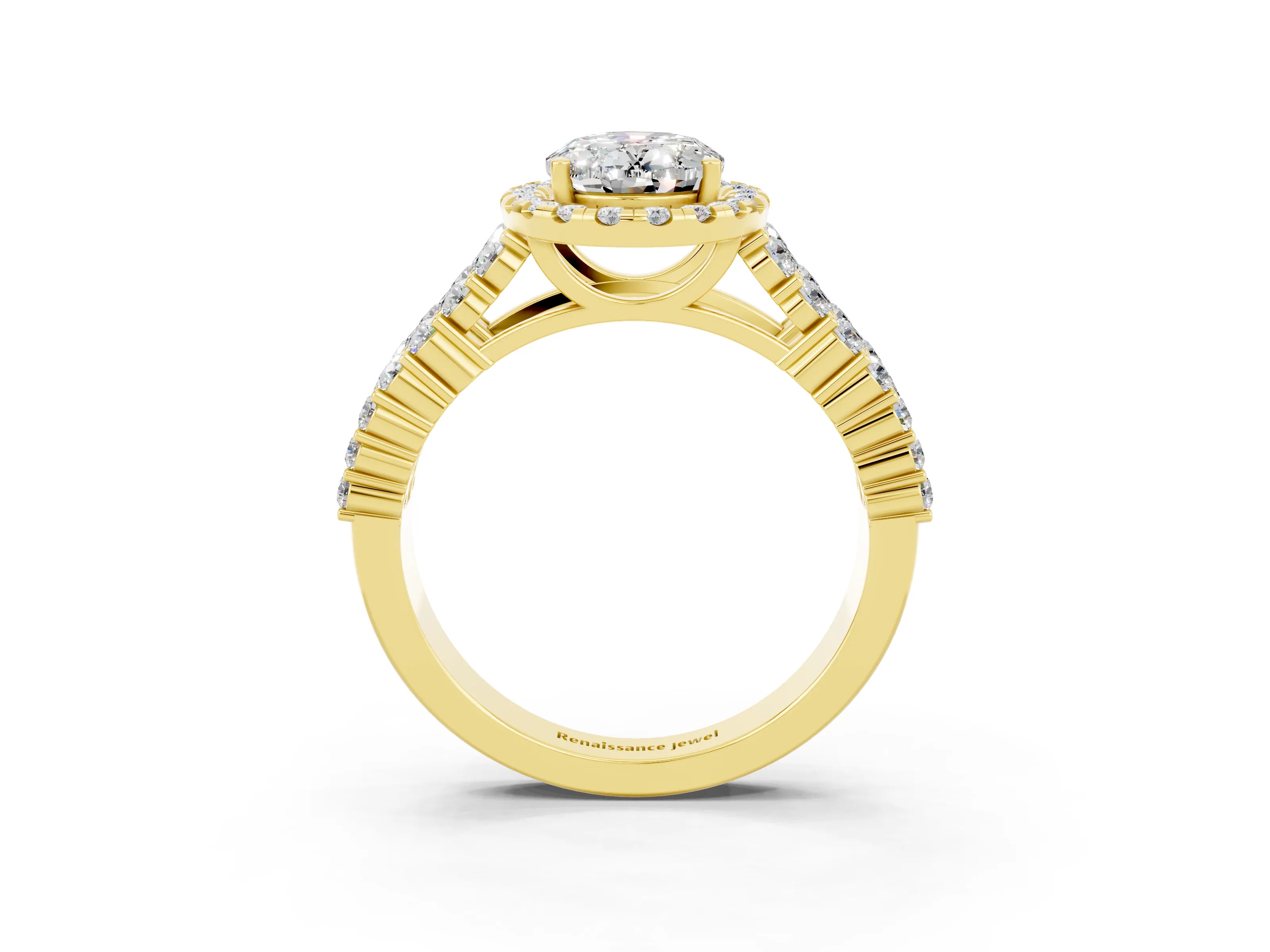 Yellow gold Oval Cut Halo Pavé Diamond Engagement Ring with Split Shank and Four-Prong Setting_3