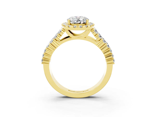 Yellow gold Oval Cut Moissanite Halo Engagement Ring with Triple Row Round Pavé Band and Prong Setting