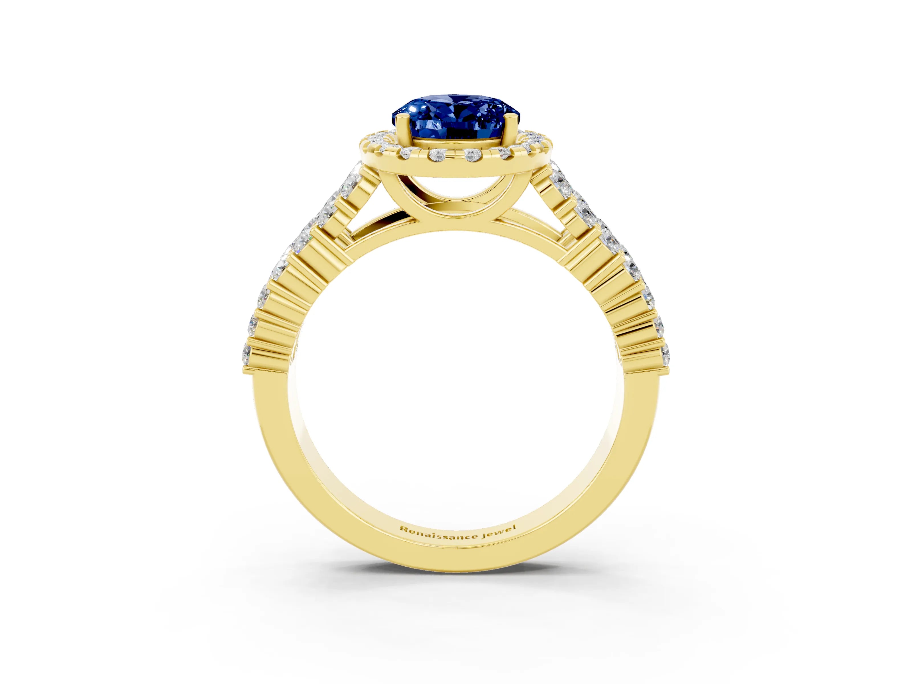 Yellow gold Oval Cut Halo Pavé Diamond Engagement Ring with Split Shank and Four-Prong Setting_3