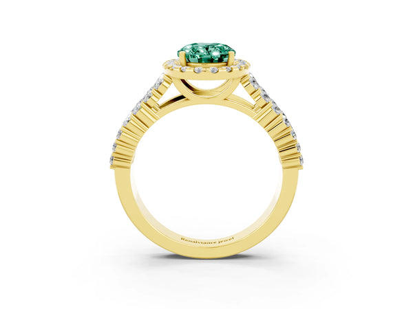 Yellow gold Oval Cut Green Sapphire Halo Engagement Ring with Triple Row Round Pavé Band and Prong Setting