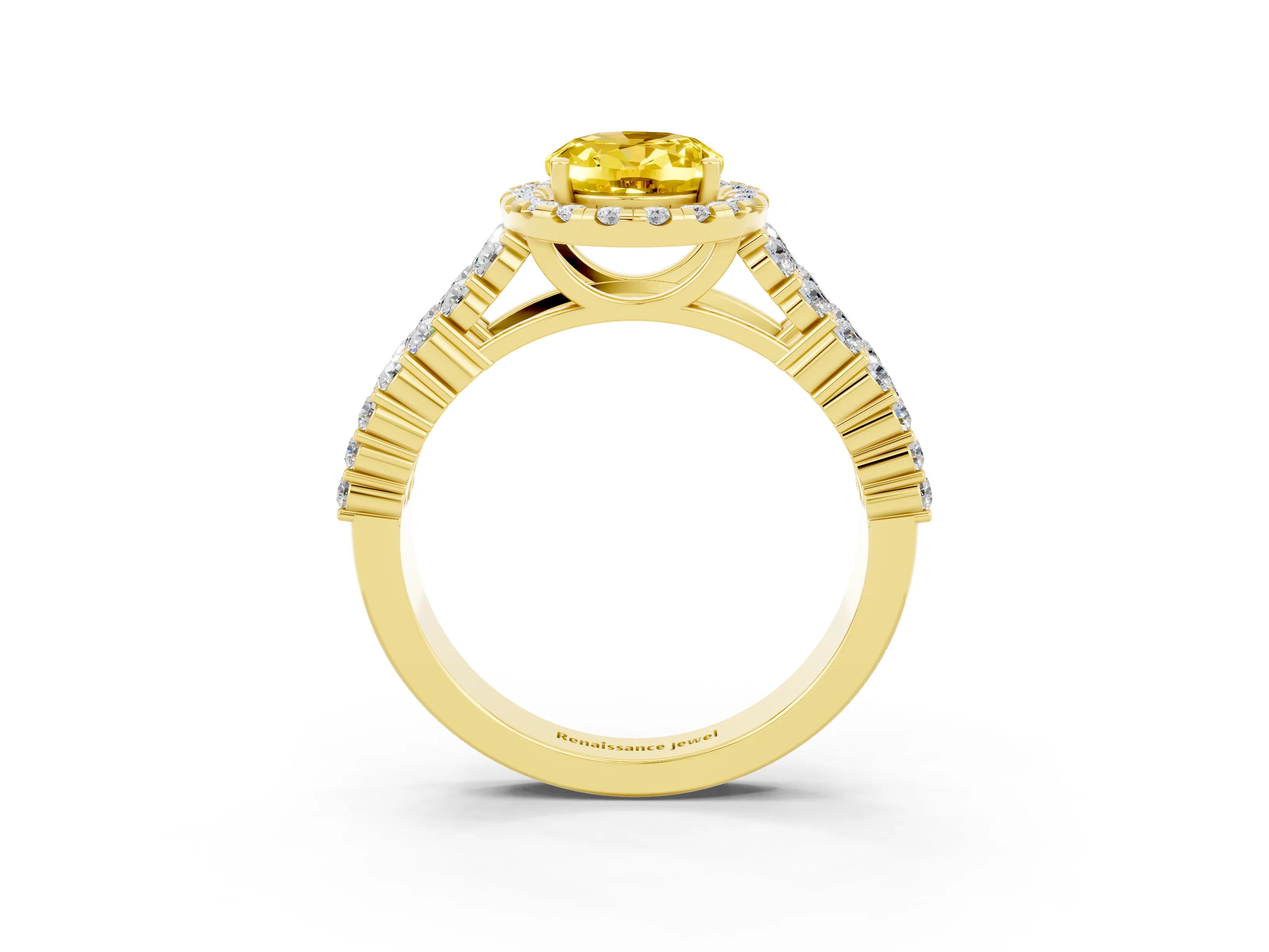 Yellow gold Oval Cut Halo Pavé Diamond Engagement Ring with Split Shank and Four-Prong Setting_3